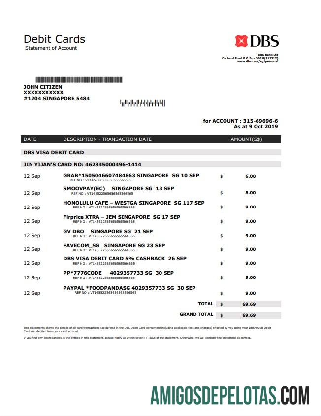 Premium Singapura DBS bank proof of address laporan templat in .doc and .PDF format