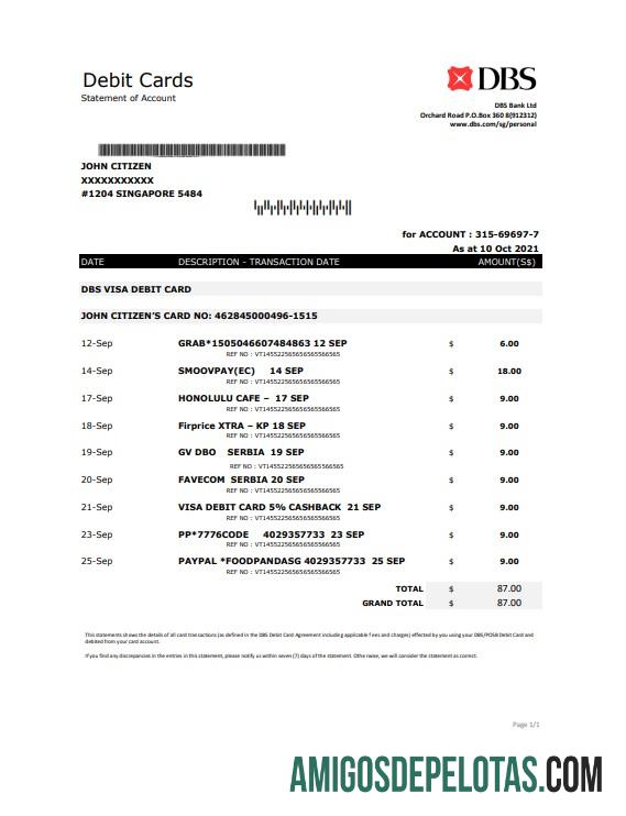 Dapat Diedit Singapura DBS bank proof of address laporan templat in .XLS and .PDF format