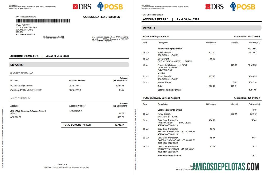 Berkualitas Singapura DBS bank proof of address laporan templat in Word and PDF format, 4 pages