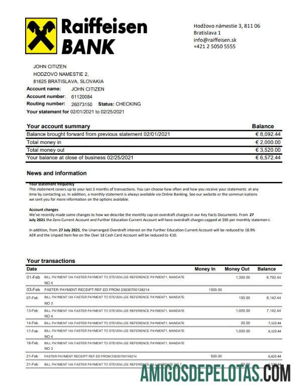Slovakia Raiffeisen bank Excel PDF sampel