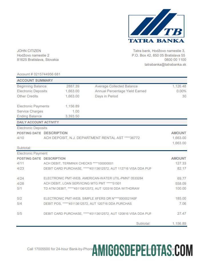 Slovakia Tatra bank Excel PDF makering