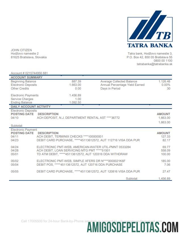 Profesional Slovakia Tatra bank proof of address laporan templat in Word and PDF format