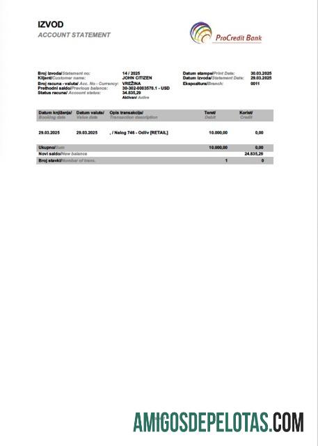 Premium Slovenia ProCredit bank rekening laporan┬áWord and PDF templat