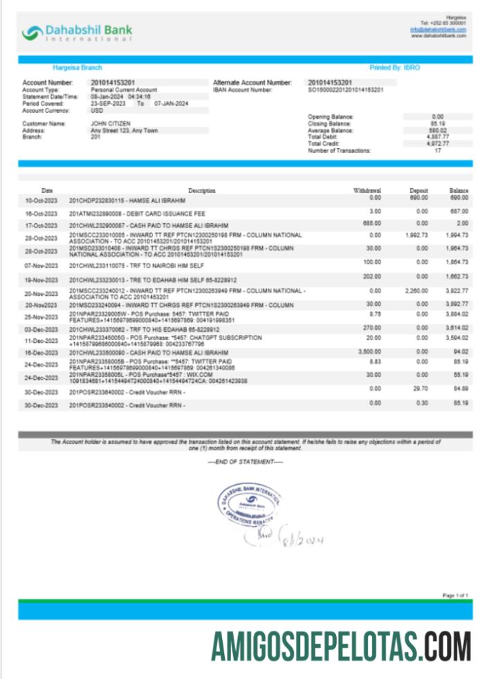 Realistis Somalia Dahabshil bank International bank laporan Word and PDF templat