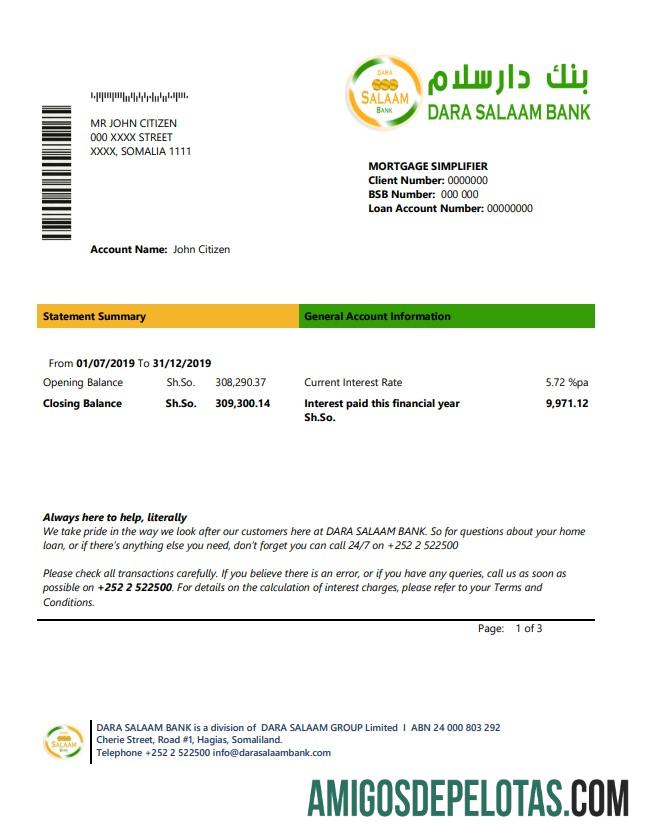 Realistis Somalia Dara Salaam bank laporan templat in Word and PDF format, good for address prove