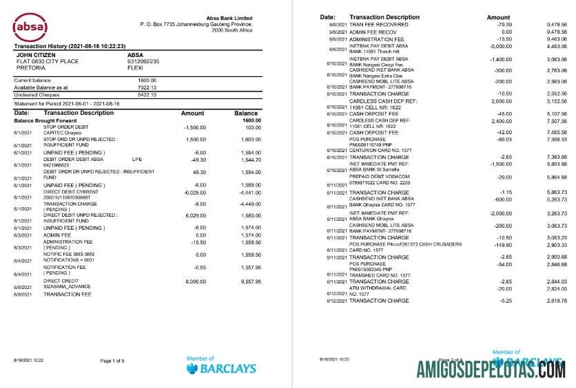 Afrika Selatan ABSA 9 pages Excel PDF desain