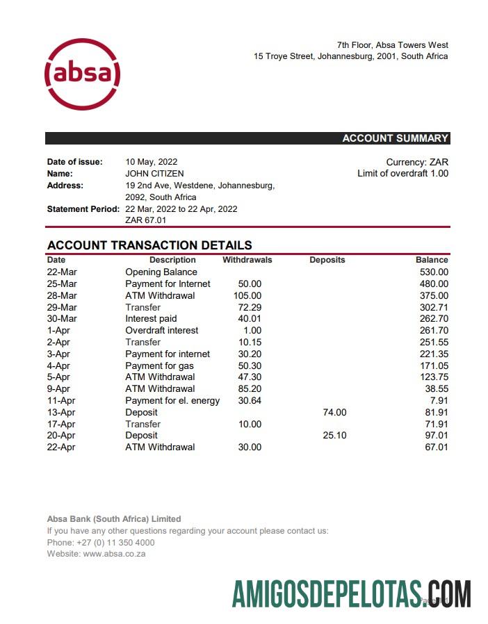 Afrika Selatan ABSA bank laporan XLS sampel