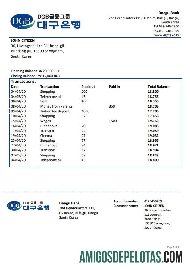 Premium Korea Selatan Daegu bank proof of address laporan templat in Word and PDF format