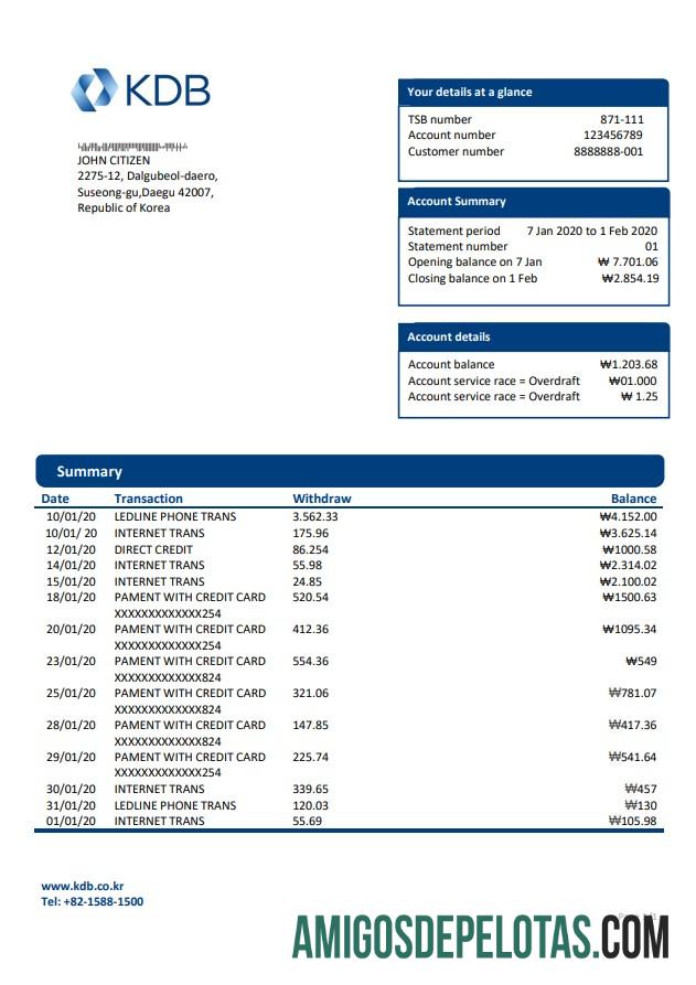 Realistis Korea Selatan KDB bank proof of address laporan templat in Word and PDF format