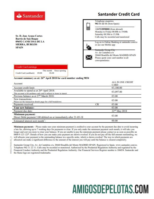Spanyol Santander Kredit kartu proof of address bank laporan in Word and PDF format sampel
