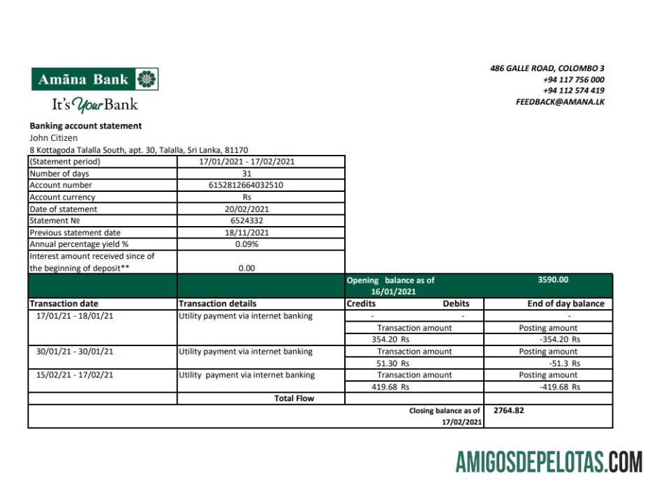 Sri Lanka Amana bank Excel PDF templat