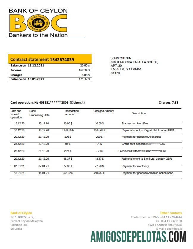 Berkualitas Sri Lanka bank of Ceylon bank laporan templat in Word and PDF format, good for address prove