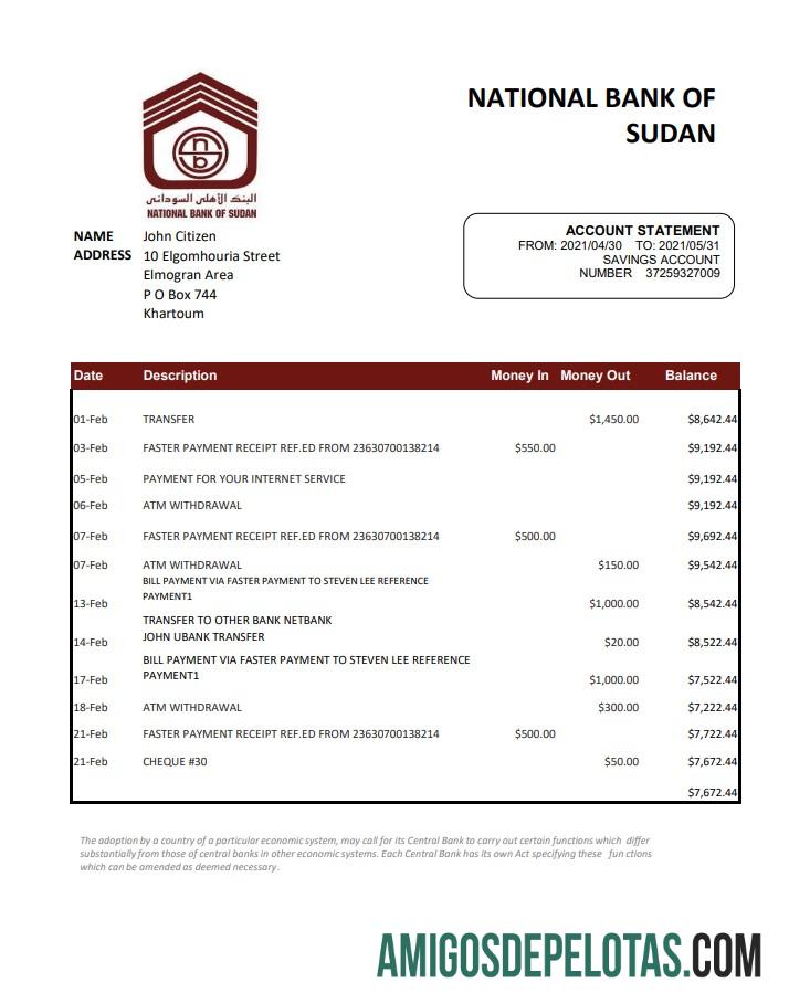 Sudan nasional bank of Sudan Excel PDF templat