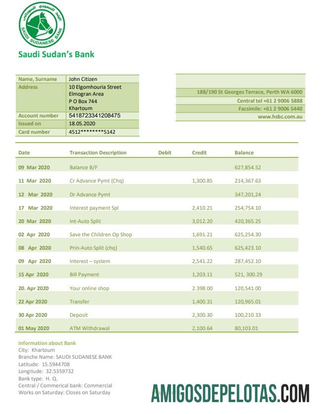 Realistis Sudan Arab Saudi Sudanese bank proof of address laporan templat in Word and PDF format