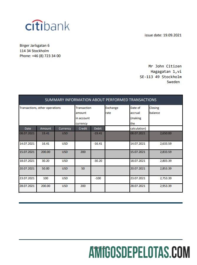 Swedia Citibank Excel PDF sampel