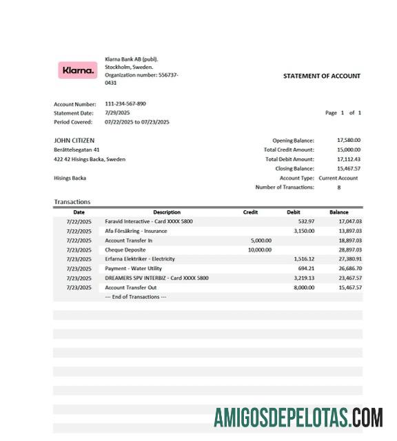 Profesional Swedia Klarna bank laporan of rekening┬áWord and PDF templat