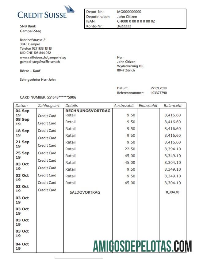 Profesional Swiss Kredit Suisse bank proof of address laporan templat in Word and PDF format (.doc and .PDF)