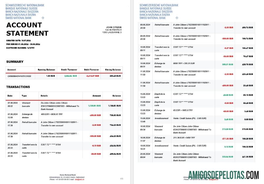 Swiss Swiss nasional bank SNB rekening laporan, 3 pages templat