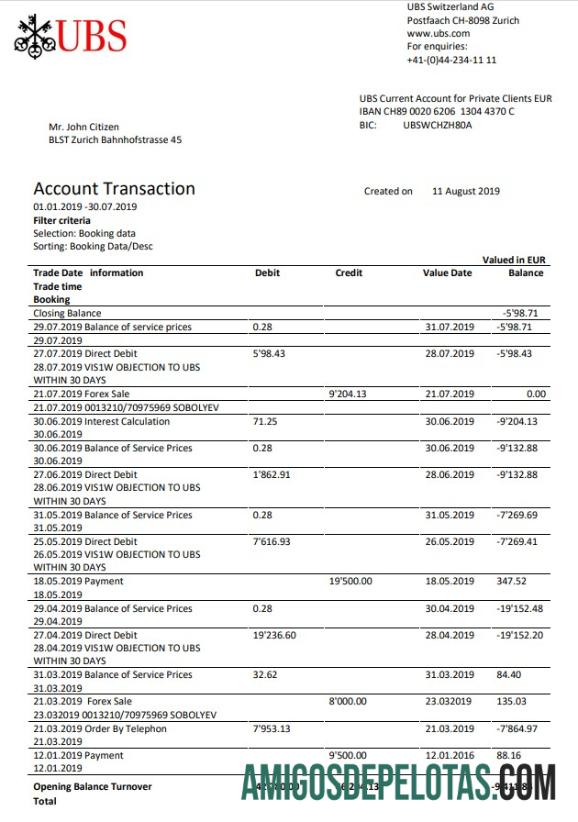 Realistis Swiss UBS bank proof of address laporan templat in Word and PDF format, versi 1