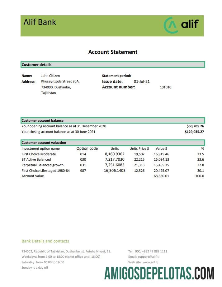 Tajikistan Alif bank Excel PDF templat