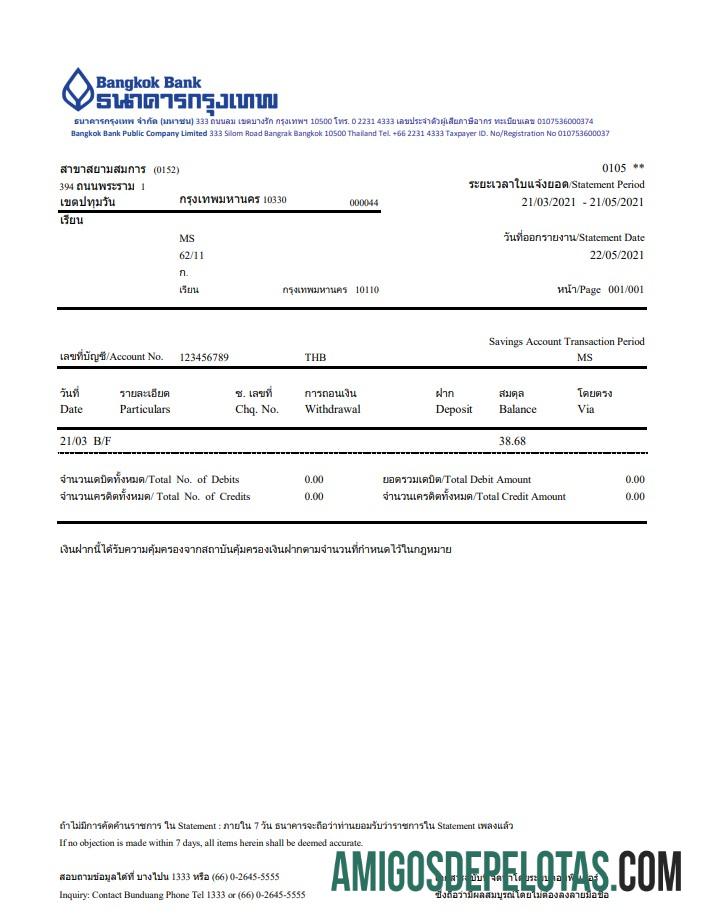 Realistis Thailand Bangkok bank online banking Transaksi laporan templat in Word and PDF format