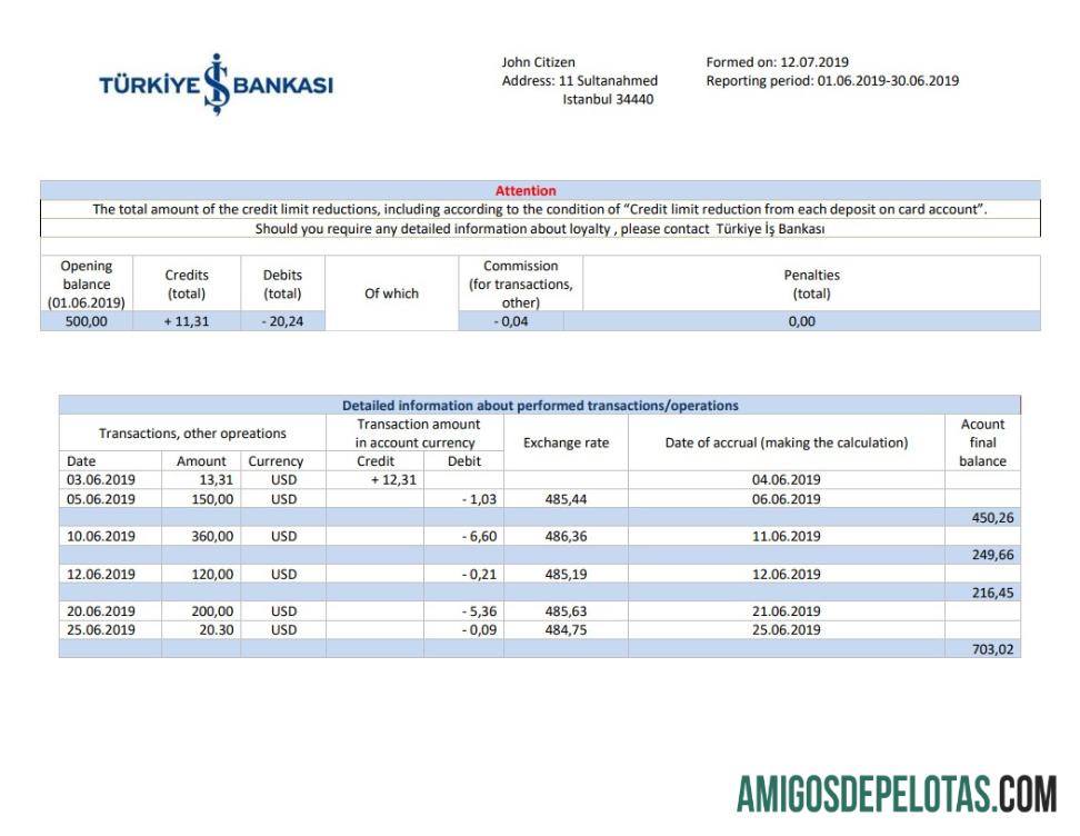 Premium Turki Bankasi bank proof of address laporan templat in Word and PDF format, fully Dapat Diedit
