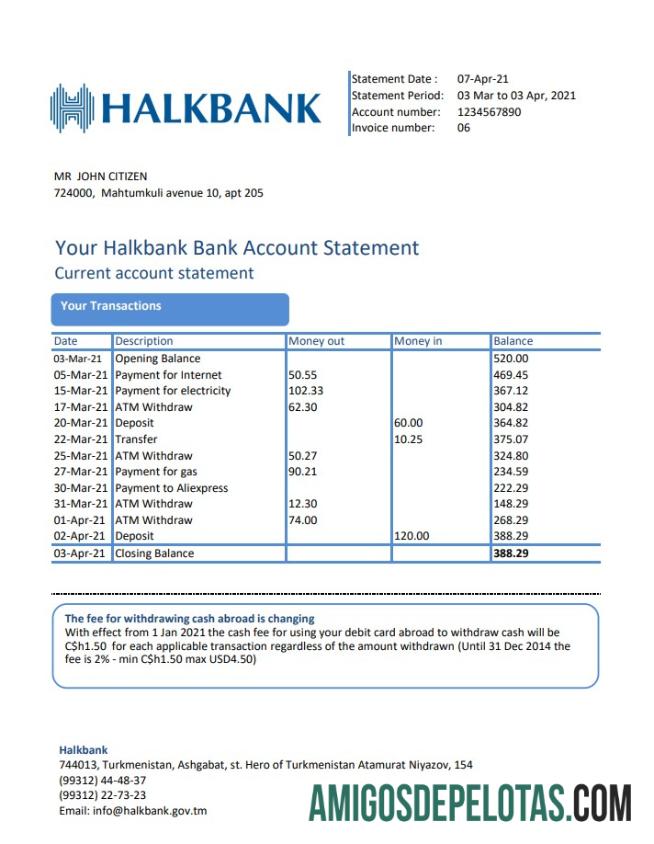 Turkmenistan Halkbank Excel PDF templat