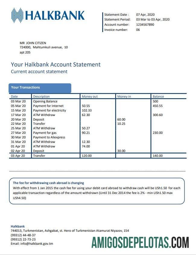 Profesional Turkmenistan Halkbank proof of address bank laporan templat in Word and PDF format, .doc and .PDF format