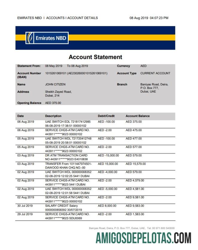 Realistis UEA Dubai Emirates NBD bank proof of address laporan templat in Word and PDF format