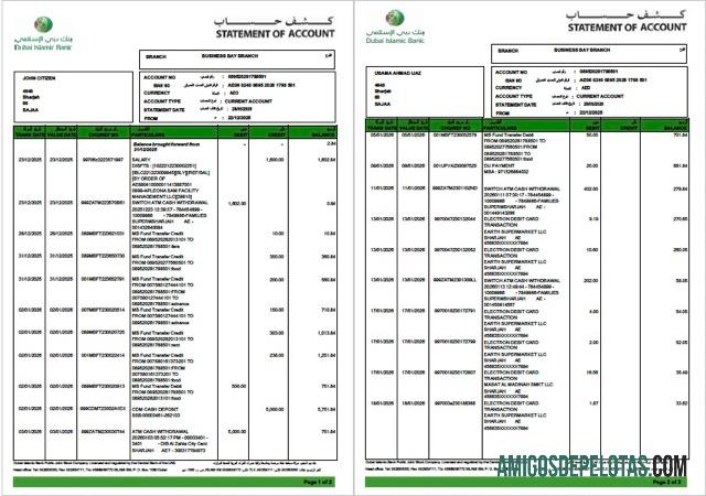 Realistis UEA Dubai Islamic bank laporan of rekening Word and PDF templat, 2 pages
