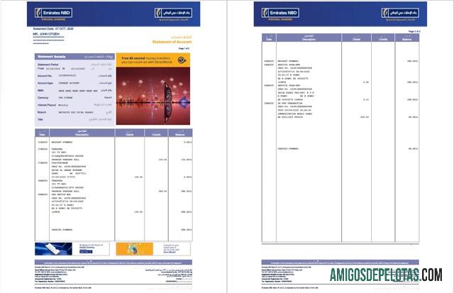 Realistis UEA Emirates NBD bank laporan of rekening Word and PDF templat, 2 pages
