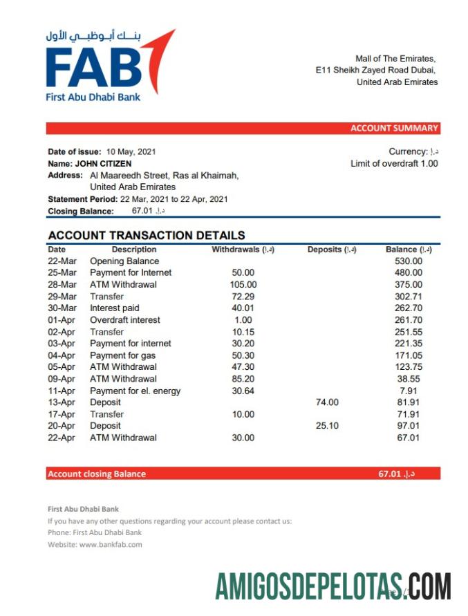 UEA First Abu Dhabi bank Excel PDF templat