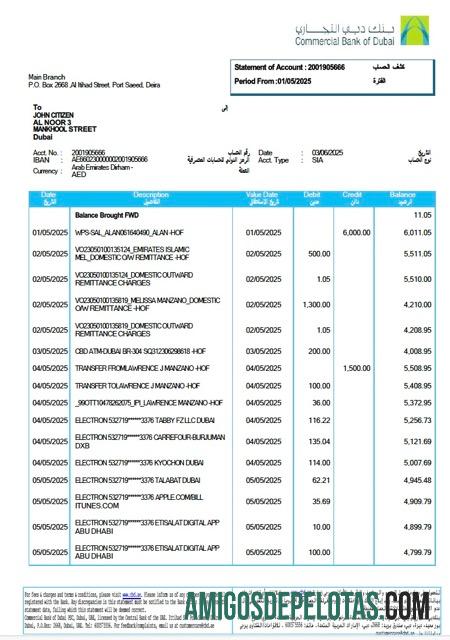 Realistis UEA┬ákomersial bank of Dubai laporan of rekening┬áWord and PDF templat