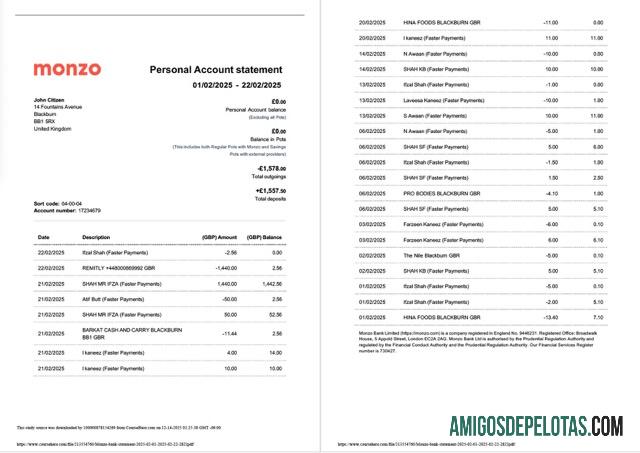 Berkualitas Inggris Monzo bank rekening laporan Word and PDF templat, 2 pages
