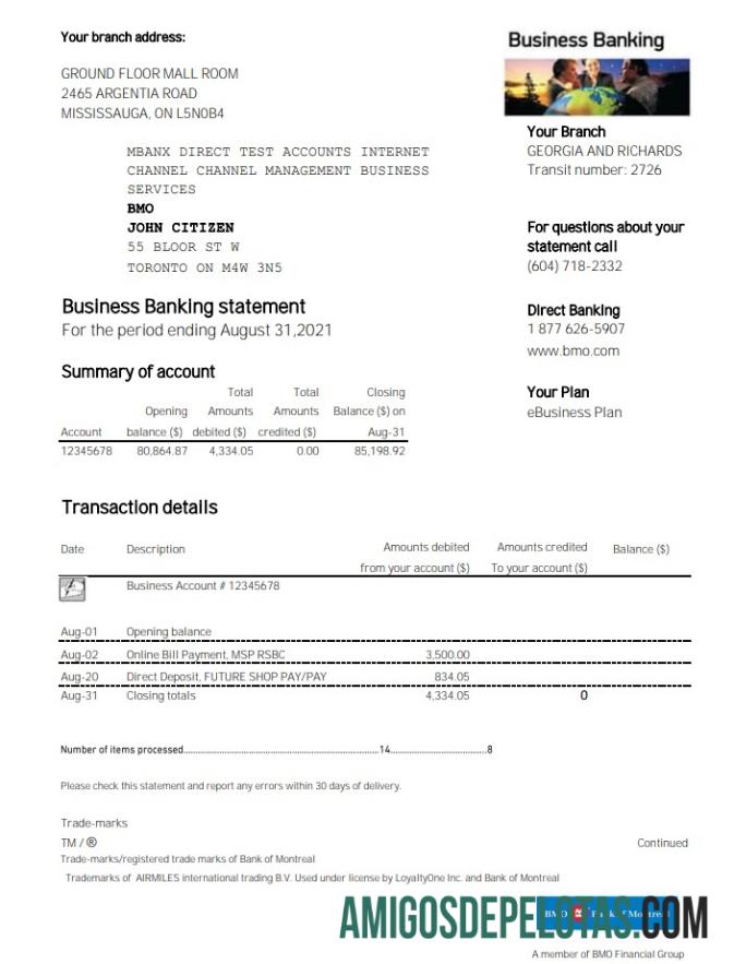 Premium AS BMO bank of Montreal bank proof of address laporan templat in Excel and PDF format