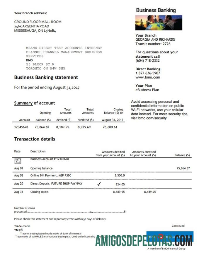 Realistis AS BMO bank of Montreal bank proof of address laporan templat in Word and PDF format