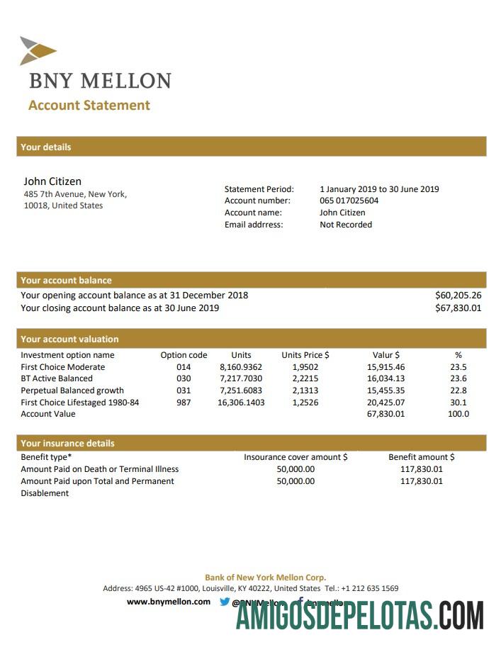 Berkualitas AS bank of Baru York Mellon proof of address bank laporan templat in Word and PDF format (.doc and .PDF)