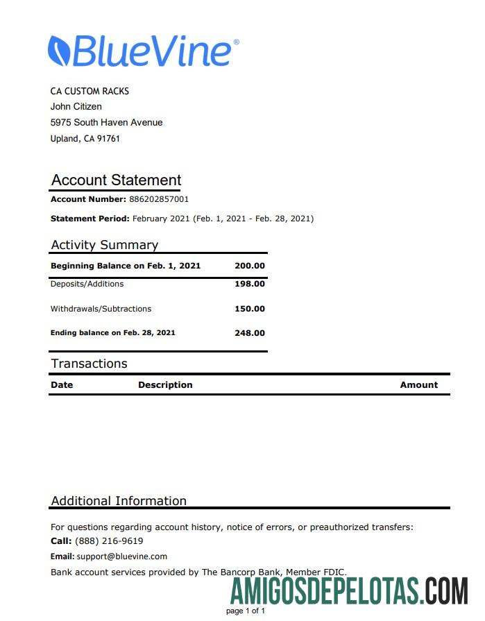 Premium AS California BlueVine bank laporan easy to fill templat in .XLS and .PDF Berkas format