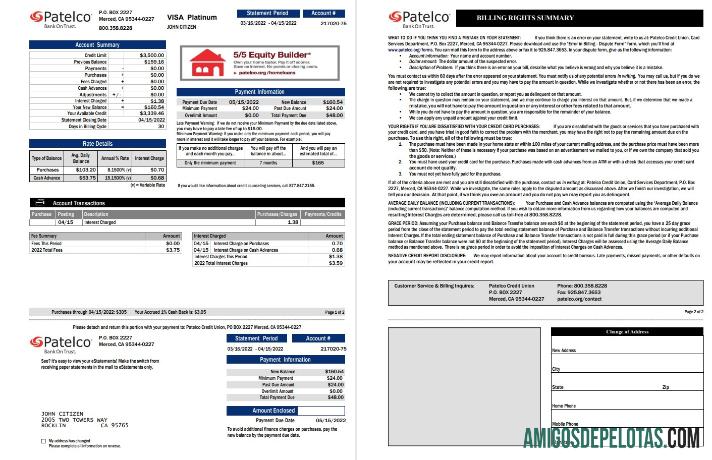 AS California Patelco bank kartu laporan 2 pages sampel
