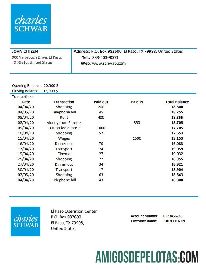 Profesional AS Charles Schwab & Co bank proof of address laporan templat in Word and PDF format