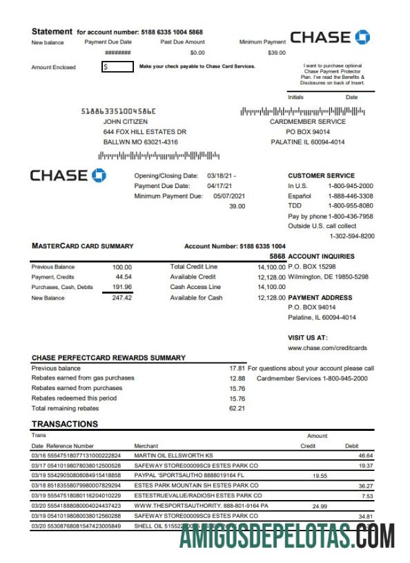 AS Chase bank Mastercard kartu laporan pratinjau