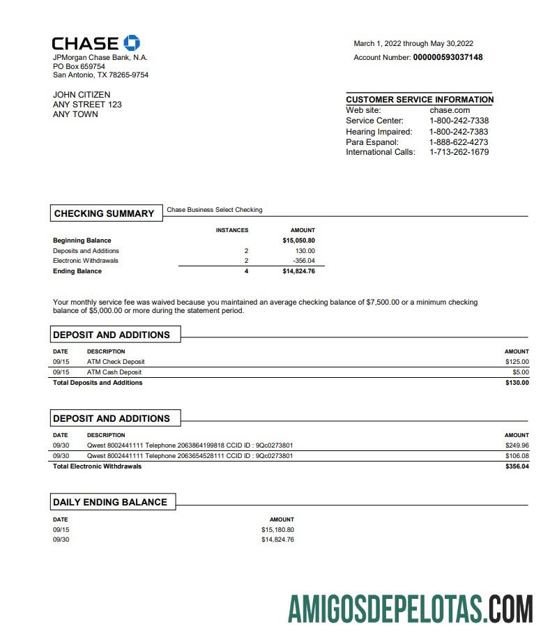 Profesional AS Chase bank laporan Word and PDF templat, versi 3