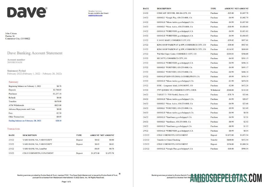 AS Dave bank rekening laporan 5 pages desain