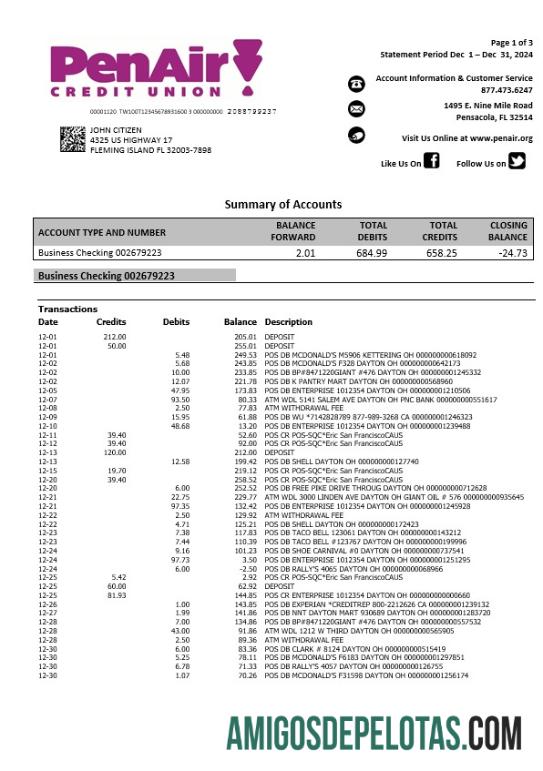 AS Florida PenAir Kredit serikat bank laporan, 3 pages sampel