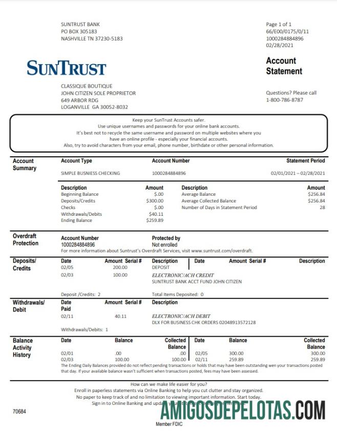 Berkualitas AS Georgia SunTrust bank proof of address laporan templat in .doc and .PDF format