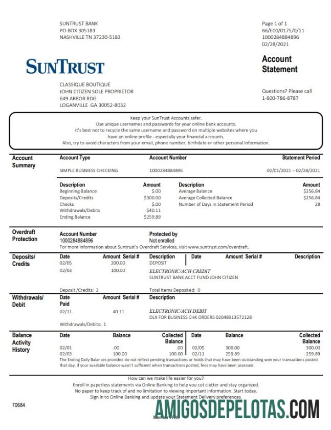Dapat Diedit AS Georgia SunTrust bank laporan templat in Word and PDF format (For Sole Proprietor)