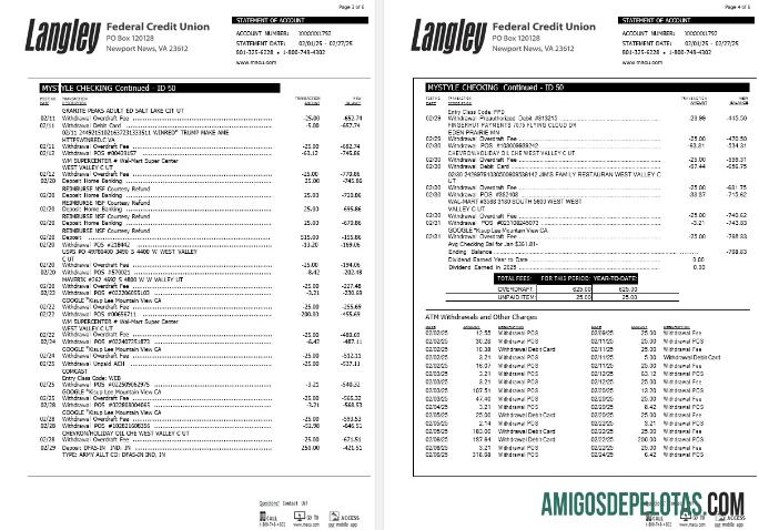 AS Langley Federal Kredit serikat bank laporan, 6 pages 2 sampel