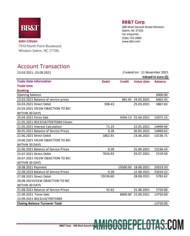 Realistis AS North Carolina BB&T Corp. bank laporan templat in Excel and PDF format