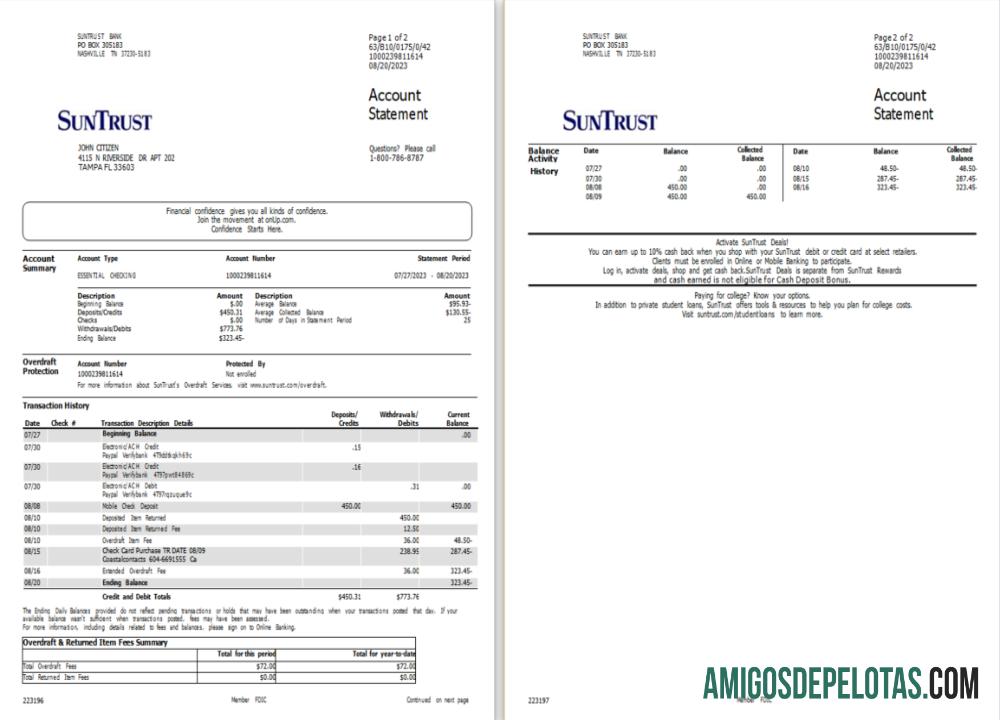 Realistis AS Suntrust bank rekening laporan Word and PDF templat, 2 pages scr