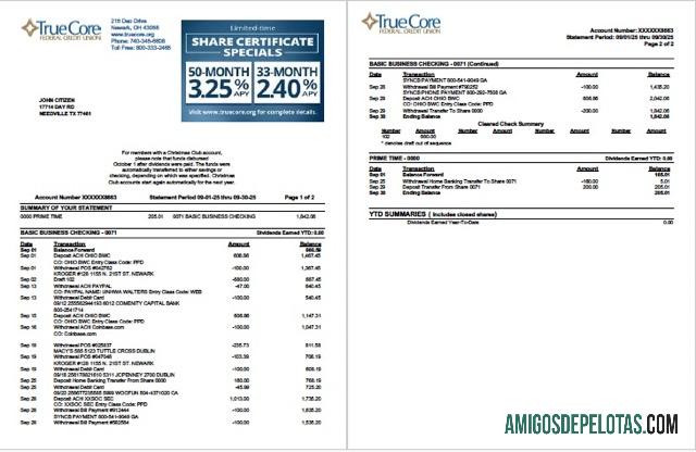 Berkualitas AS TrueCore Federal Kredit serikat rekening laporan┬áWord and PDF templat, 2 pages